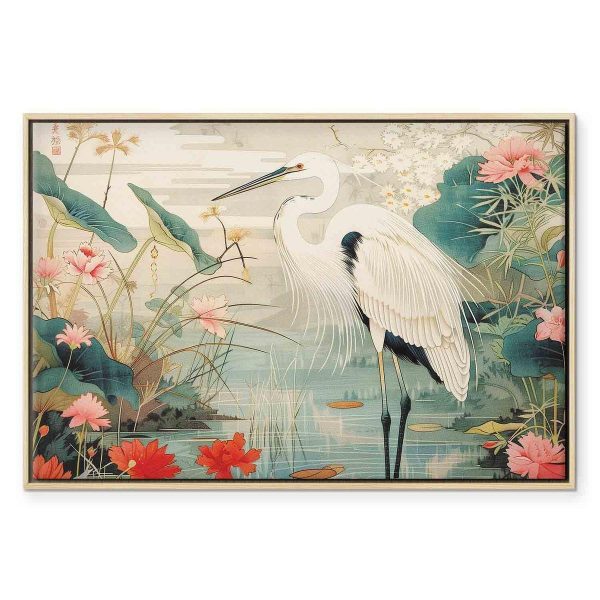 Tableau - By an Asian pond - an illustration in the style of a Japanese engraving, depicting a heron