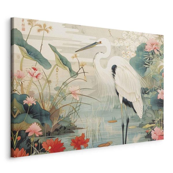 Tableau - By an Asian pond - an illustration in the style of a Japanese engraving, depicting a heron