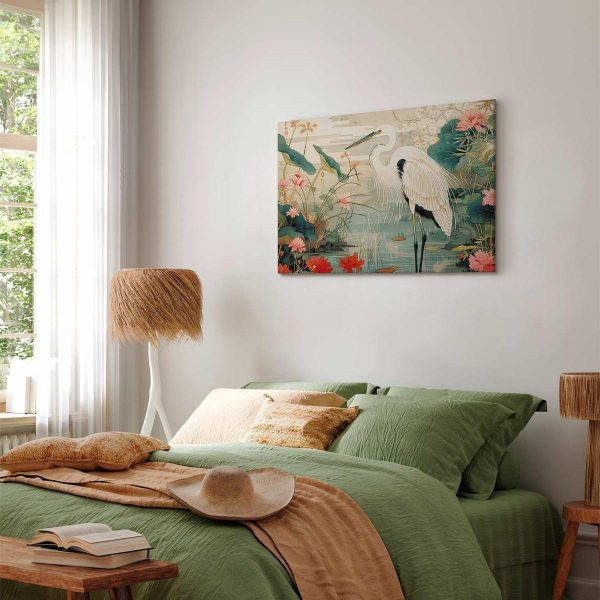 Tableau - By an Asian pond - an illustration in the style of a Japanese engraving, depicting a heron