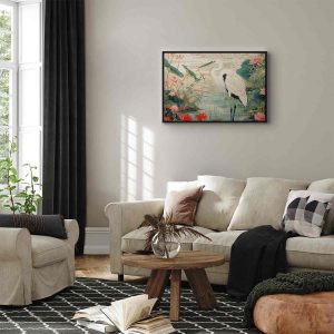 Tableau - By an Asian pond - an illustration in the style of a Japanese engraving, depicting a heron