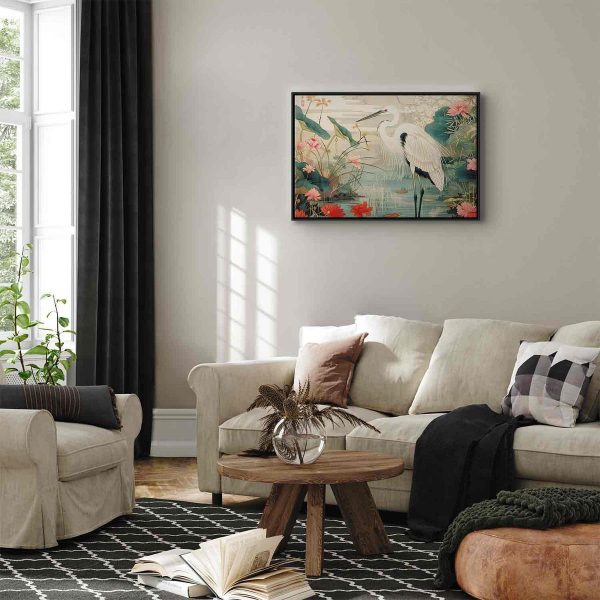 Tableau - By an Asian pond - an illustration in the style of a Japanese engraving, depicting a heron