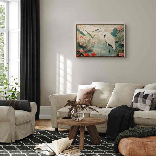 Tableau - By an Asian pond - an illustration in the style of a Japanese engraving, depicting a heron