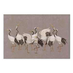 Tableau - Crane dance – bright silhouettes of birds against a warm grey background with texture