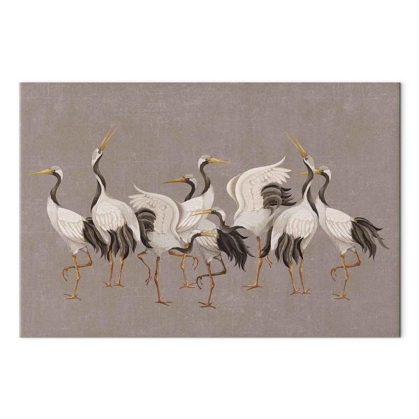 Tableau - Crane dance – bright silhouettes of birds against a warm grey background with texture