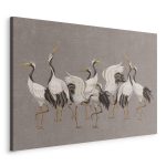 Tableau - Crane dance – bright silhouettes of birds against a warm grey background with texture