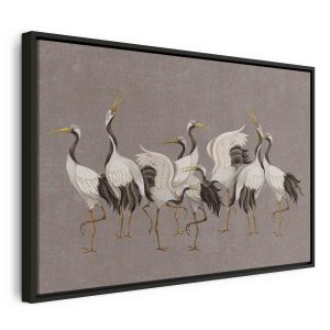 Tableau - Crane dance – bright silhouettes of birds against a warm grey background with texture