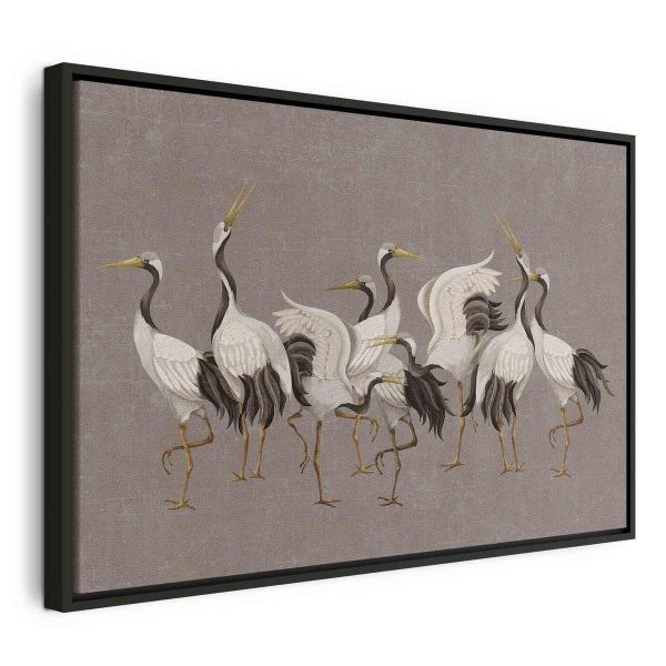 Tableau - Crane dance – bright silhouettes of birds against a warm grey background with texture
