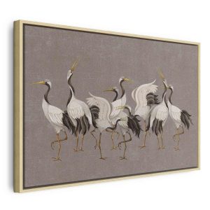 Tableau - Crane dance – bright silhouettes of birds against a warm grey background with texture