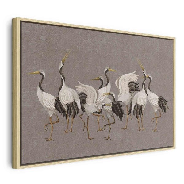 Tableau - Crane dance – bright silhouettes of birds against a warm grey background with texture