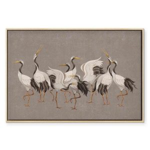 Tableau - Crane dance – bright silhouettes of birds against a warm grey background with texture