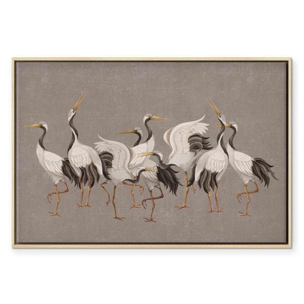 Tableau - Crane dance – bright silhouettes of birds against a warm grey background with texture