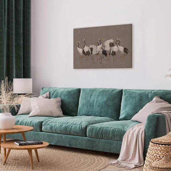 Tableau - Crane dance – bright silhouettes of birds against a warm grey background with texture