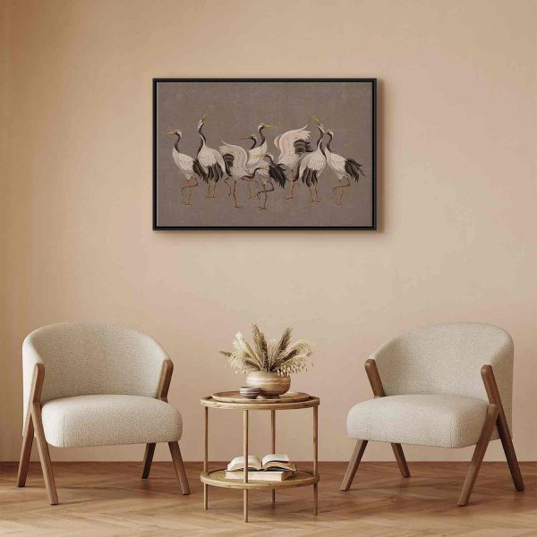 Tableau - Crane dance – bright silhouettes of birds against a warm grey background with texture