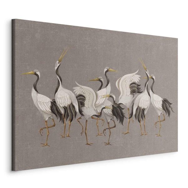 Tableau - Crane dance – bright silhouettes of birds against a warm grey background with texture Tableau - Crane dance – bright silhouettes of birds against a warm grey background with texture