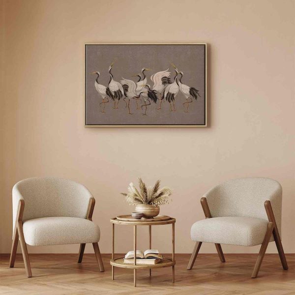 Tableau - Crane dance – bright silhouettes of birds against a warm grey background with texture