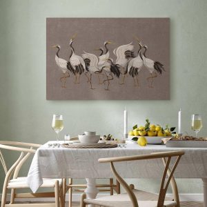 Tableau - Crane dance – bright silhouettes of birds against a warm grey background with texture