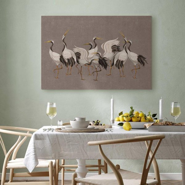Tableau - Crane dance – bright silhouettes of birds against a warm grey background with texture