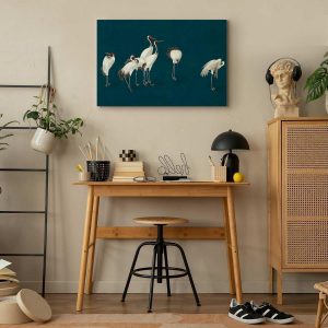 Tableau - Evening by the pond - a group of cranes drawn in dry pastel on a dark turquoise background