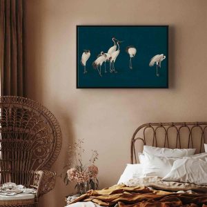 Tableau - Evening by the pond - a group of cranes drawn in dry pastel on a dark turquoise background