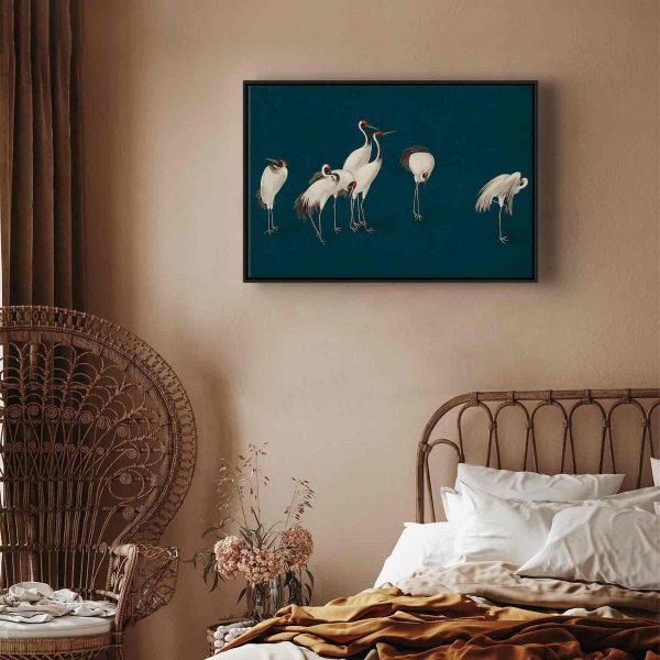 Tableau - Evening by the pond - a group of cranes drawn in dry pastel on a dark turquoise background