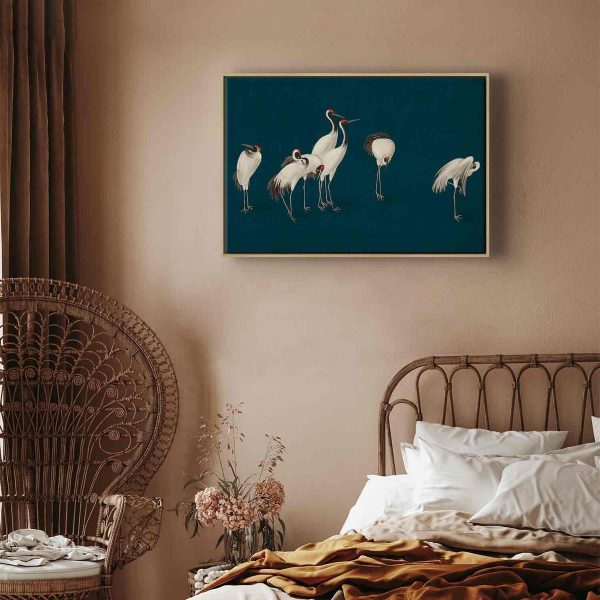 Tableau - Evening by the pond - a group of cranes drawn in dry pastel on a dark turquoise background