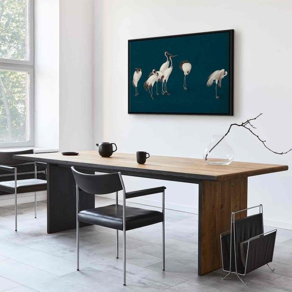 Tableau - Evening by the pond - a group of cranes drawn in dry pastel on a dark turquoise background