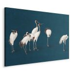 Tableau - Evening by the pond - a group of cranes drawn in dry pastel on a dark turquoise background