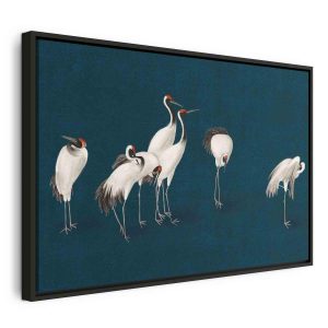 Tableau - Evening by the pond - a group of cranes drawn in dry pastel on a dark turquoise background