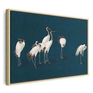 Tableau - Evening by the pond - a group of cranes drawn in dry pastel on a dark turquoise background