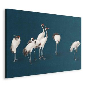 Tableau - Evening by the pond - a group of cranes drawn in dry pastel on a dark turquoise background