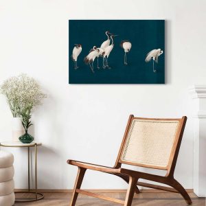 Tableau - Evening by the pond - a group of cranes drawn in dry pastel on a dark turquoise background