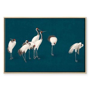 Tableau - Evening by the pond - a group of cranes drawn in dry pastel on a dark turquoise background