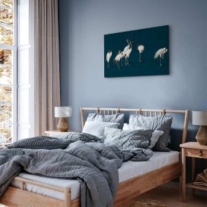 Tableau - Evening by the pond - a group of cranes drawn in dry pastel on a dark turquoise background