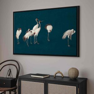 Tableau - Evening by the pond - a group of cranes drawn in dry pastel on a dark turquoise background