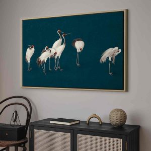 Tableau - Evening by the pond - a group of cranes drawn in dry pastel on a dark turquoise background