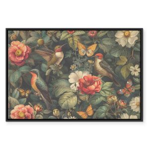 Tableau - Flowers, birds and butterflies – vintage-style illustration