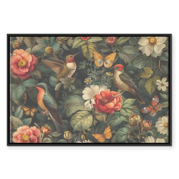 Tableau - Flowers, birds and butterflies – vintage-style illustration