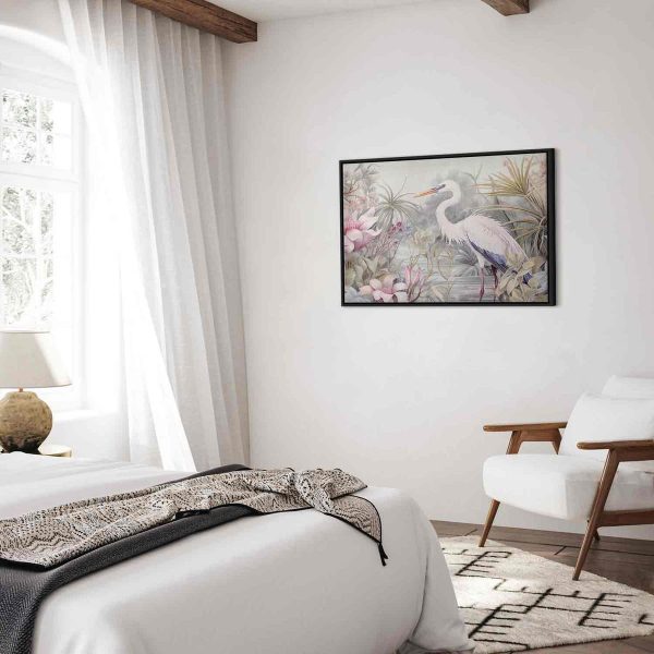 Tableau - Heron wading in a pond - illustration in bright colours