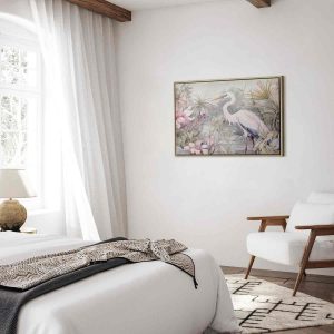 Tableau - Heron wading in a pond - illustration in bright colours