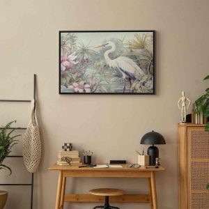 Tableau - Heron wading in a pond - illustration in bright colours