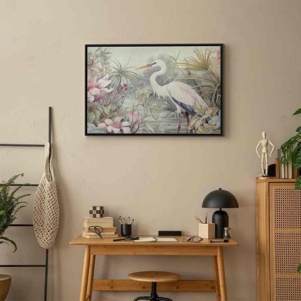 Tableau - Heron wading in a pond - illustration in bright colours