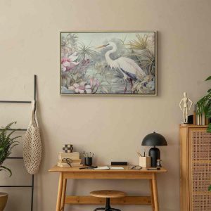Tableau - Heron wading in a pond - illustration in bright colours