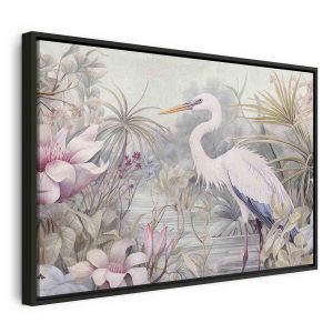 Tableau - Heron wading in a pond - illustration in bright colours