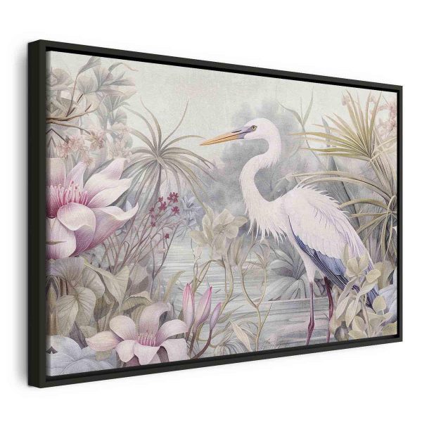 Tableau - Heron wading in a pond - illustration in bright colours