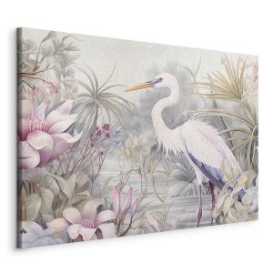 Tableau - Heron wading in a pond - illustration in bright colours