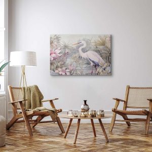 Tableau - Heron wading in a pond - illustration in bright colours