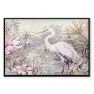 Tableau - Heron wading in a pond - illustration in bright colours