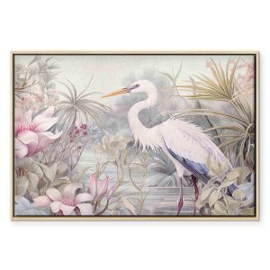 Tableau - Heron wading in a pond - illustration in bright colours