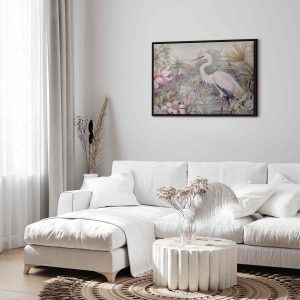 Tableau - Heron wading in a pond - illustration in bright colours