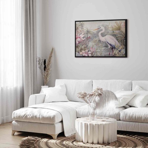 Tableau - Heron wading in a pond - illustration in bright colours